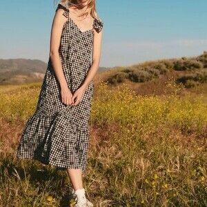NWT Madewell Gingham Print Ruffle Hem Tent Midi Dress Black & White Size 12 NEW